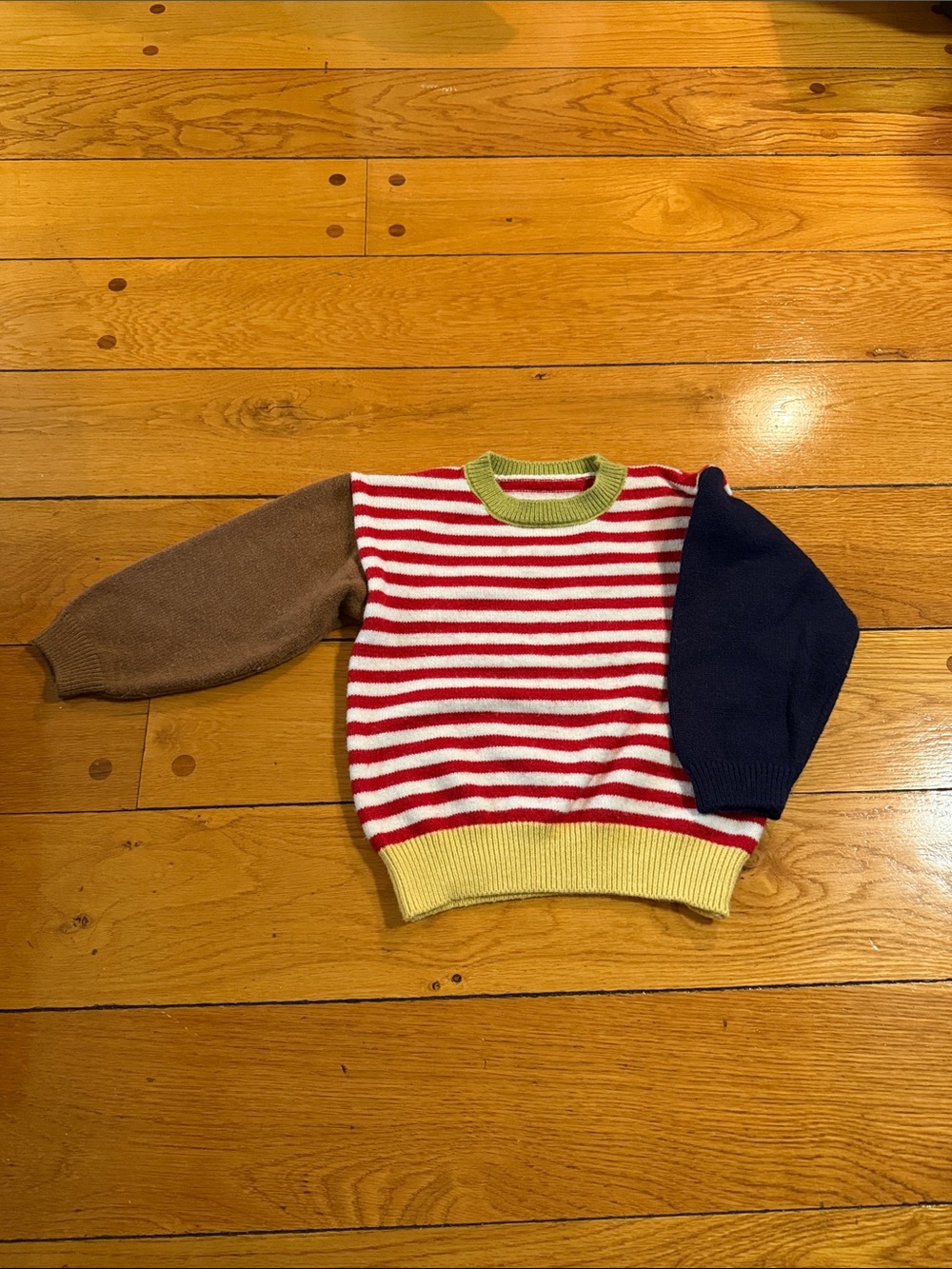 Kids Red & White Striped Crewneck Sweater with Colorblock Sleeves, soft